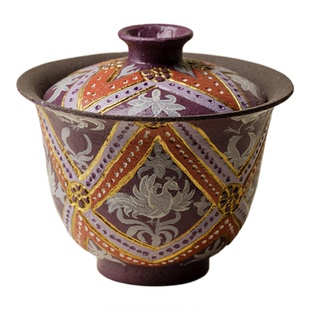 山几由大漆手绘中国传统纹饰盖碗茶杯景德镇创意手工雕刻功夫茶具