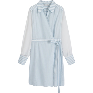 【清仓】播春季新品商场同款粗细条纹拼接不对称设计连衣裙BDQ1LD