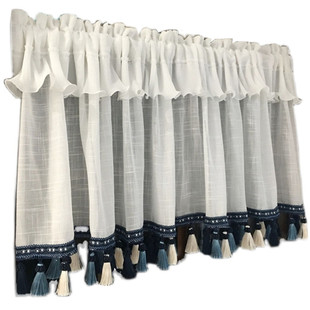 美式纱帘免打孔安装流苏短帘半帘蕾丝窗帘窗纱厨房帘头隔断飘窗