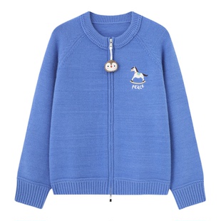 Basic House/百家好小马刺绣撞色开衫毛衣女冬季圆领休闲提花上衣