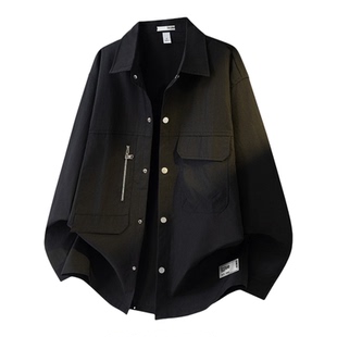 it izzue春秋高级感翻领开衫衬衣男士新款潮牌工装休闲长袖衬衫Y