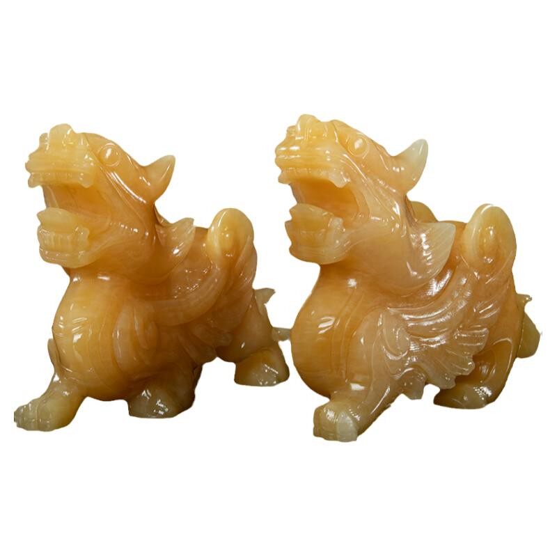 天然黄玉貔貅摆件一对客厅办公室