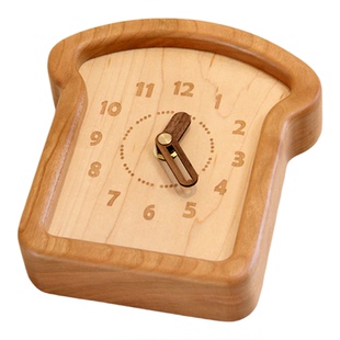 实木钟表创意面包造型木质吐司时钟可爱卡通家居装饰樱桃木小摆件