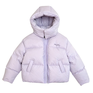 儿童泡芙短款羽绒服女童90白鸭绒2025冬季新款紫色连帽面包服外套