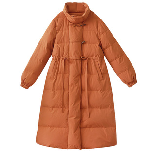 【晨暮春秋】立领加厚羽绒服女长款2025冬季复古牛角扣收腰白鸭绒