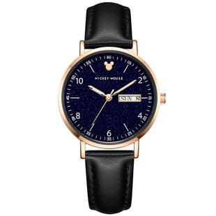迪士尼手表女款学生ins风简约气质黑色星空双日历机械初高中韩版