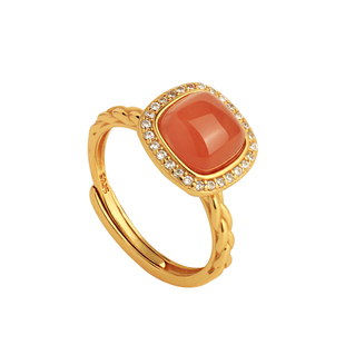 天然南红纯银方糖戒指女红色新年过年红玛瑙玉石本命年金包银礼物