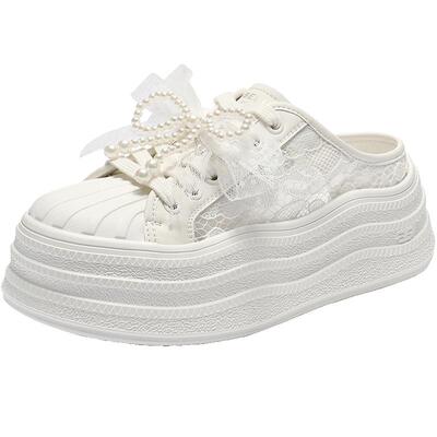 百丽女鞋子透气网面厚底包头拖鞋