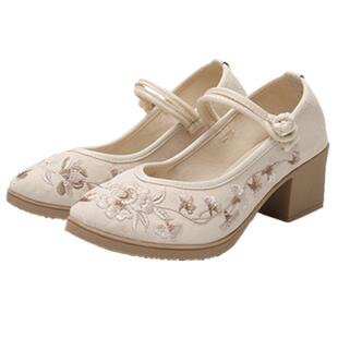 2025老北京布鞋高跟旗袍粗跟绣花鞋浅口复古女鞋汉服民族风女单鞋