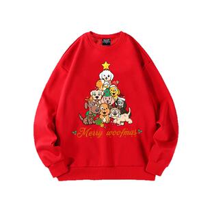 圣诞节狗狗平安夜圣诞老人圆领卫衣套头薄款男女学生情侣加绒衣服