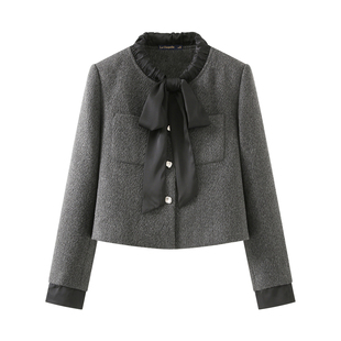 拉夏贝尔/La Chapelle小香风蝴蝶结夹棉短外套女秋冬新款灰色上衣