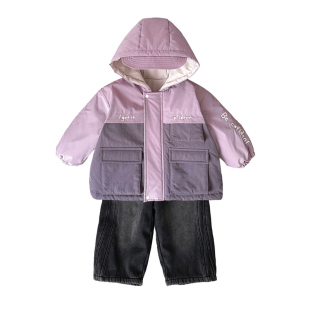 儿童冲锋衣外套棉服2025新款休闲超酷男童冬季棉衣加绒牛仔裤套装