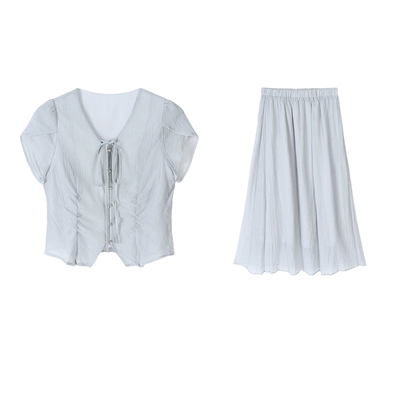 Basic House/百家好莱赛尔夏日新品休闲甜美短袖衬衫半身裙二件套