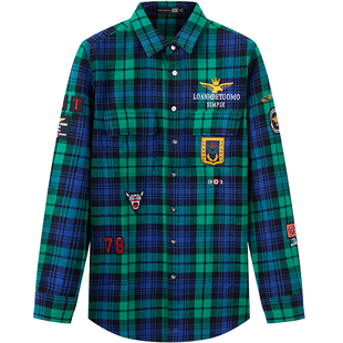 BM男士刺绣复古格子磨毛衬衫男慵懒风长袖修身韩版帅气潮牌纯棉秋