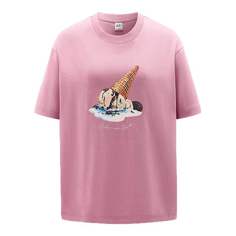 A21女装印花字母宽松显瘦圆领T恤简约中长款落肩袖上衣