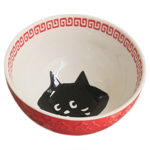 JW日式惊讶猫头釉下彩陶瓷碗中国红浮雕猫咪米饭碗卡通吃饭小碗