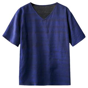 香云纱男装真丝t恤男2024夏V领薄款中年男士短袖宽松纯色百搭上衣