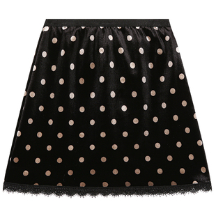 落落狷介冬季丝绒半身裙黑波点印花加绒短裙蕾丝拼接2025秋冬新款