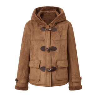 POLOWALK女士外套2025冬季新款复古加绒连帽羊角扣外套时尚女装