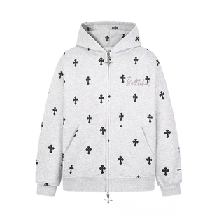 美式复古十字架满印连帽卫衣女大童冬初中高中学生宽松设计感外套