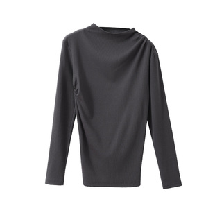 popchrio◆半高领褶皱不对称长袖T恤修身显瘦内搭上衣打底体恤衫