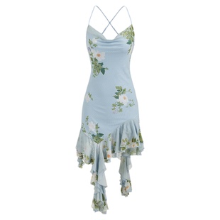 CIDER 网纱荡领碎花交叉不对称褶边迷你裙女装114724305