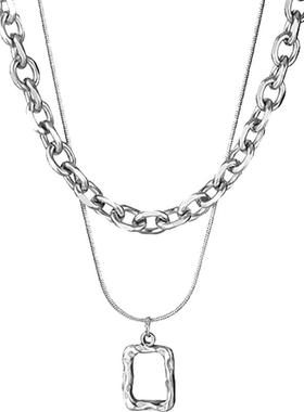 银色双层叠戴吊坠项链锁骨链