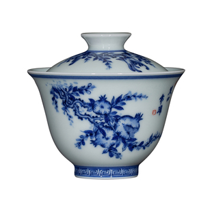 钟家窑茶具套组 柴窑青花手绘三多纹饰盖碗套装中式功夫茶具套组