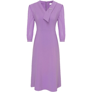 专柜正品马天奴女装秋冬新款紫色V领醋纤连衣裙气质裙子高级长裙