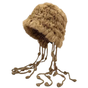 加厚毛绒绒针织真兔毛帽子女秋冬防寒毛线流苏显脸小大头围包头帽