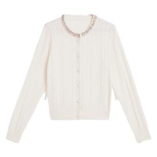 【中国红】YINER音儿专选2025春新款美丽诺羊毛香风钉珠针织开衫