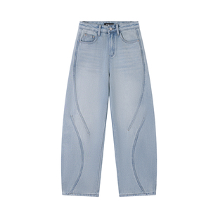 熙薇SIVI牛仔直筒裤女印花米奇加绒加厚浅色水洗垂感显瘦休闲裤