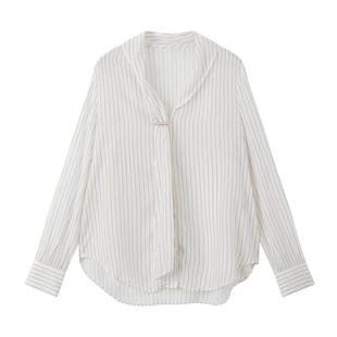 LILY2025新款女装铜氨丝法式条纹飘带领休闲通勤长袖米色衬衫