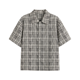 WHIMNOTION 25SS褶皱肌理格纹抽绳短袖衬衫夏垂顺抗皱休闲上衣