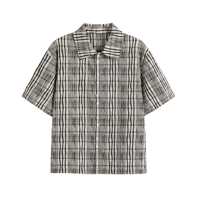 WHIMNOTION 25SS褶皱肌理格纹抽绳短袖衬衫夏垂顺抗皱休闲上衣