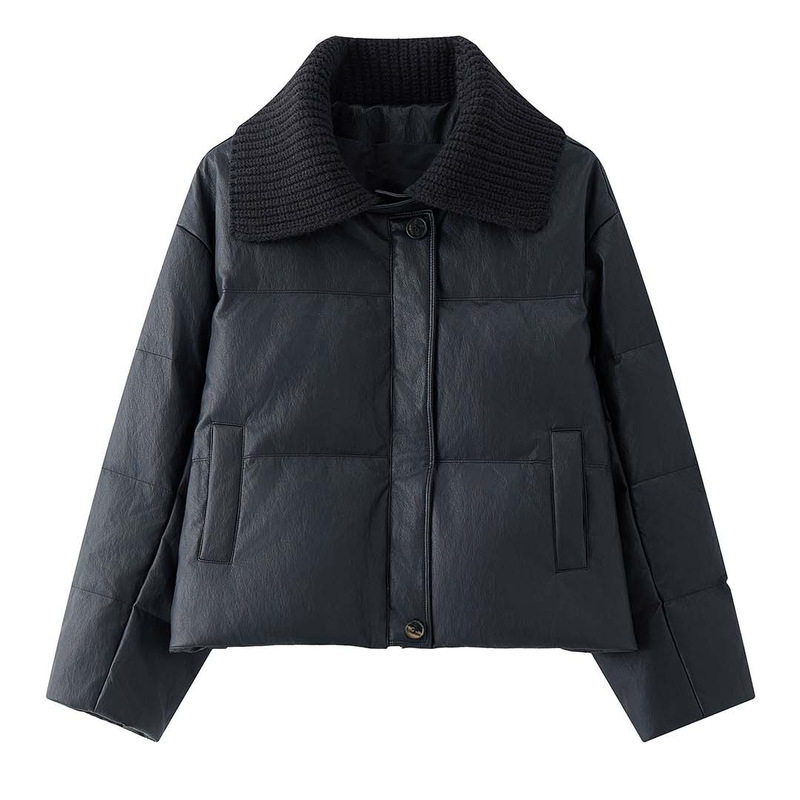 时髦翻领拼接PU皮90白鸭绒羽绒服
