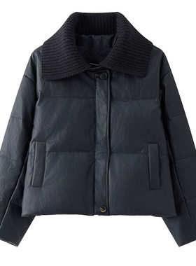 时髦翻领拼接PU皮90白鸭绒羽绒服