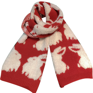 可爱玉兔毛绒绣红色针织围巾女冬季百搭保暖新年学生情侣毛线围脖