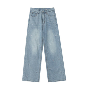 浅色天丝刺绣阔腿牛仔裤女夏薄款大码胖mm显瘦宽松垂感冰丝直筒裤