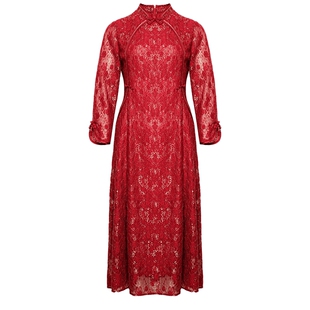 谷邦蕾丝旗袍连衣裙女2025冬季新款收腰显瘦气质中长款礼服裙子