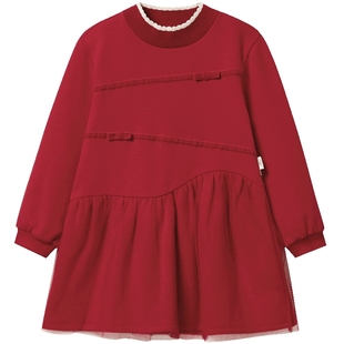 英氏女童连衣裙长袖加绒秋冬儿童过年喜庆拜年服红色新年周岁裙子