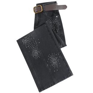 设计感烟花烫钻阔腿牛仔裤女2026春天新款小个子高腰直筒弯刀裤子