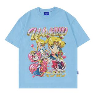 WASSUP美少女战士T恤短袖夏季2025新款美式喷墨透气男女圆领上衣