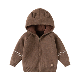 Oak mont男童毛衣开衫冬装加绒儿童连帽外套宝宝加厚拉链针织上衣