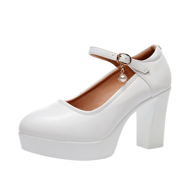 白色高跟走秀鞋女圆头防水台9cm粗跟厚底单鞋大码合唱团演出鞋