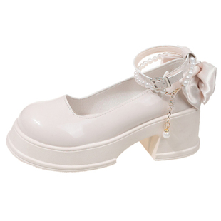 玛丽珍鞋女春2026新款高跟鞋法式白色配裙子粗跟厚底温柔小皮鞋