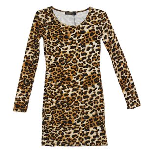 豹纹连衣裙女冬季新款紧身圆领长袖薄款大码显瘦性感包臀裙