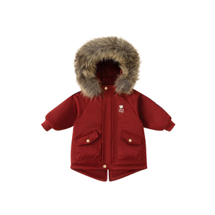儿童羽绒服男童帅气红色派克服女童保暖冬装衣服宝宝90白鸭绒外套