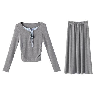 【清仓秒杀】春韩系时尚小众小个子独特修身灰色t恤半身裙套装女