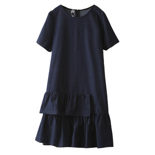 2025夏装新款大码女装荷叶边牛仔连衣裙胖mm宽松复古a字裙中长裙